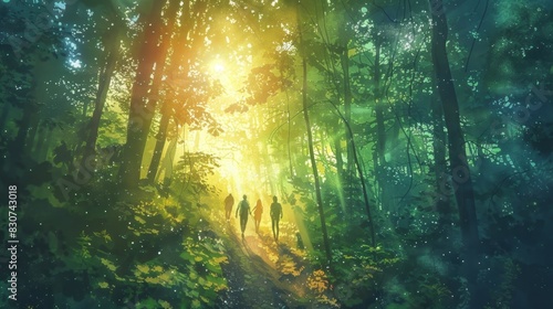 Enchanted Summer Solstice Forest Hike - Watercolor Landscape of Lush Greenery with Sunlight Filtering Through Trees Amidst Adventurous Spirits