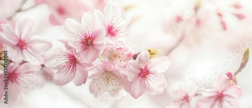 pink cherry blossom flowers against a white backdrop  soft  airy composition with selective focus creates a serene and dreamy atmosphere  highlighting the ethereal beauty of the blossoms