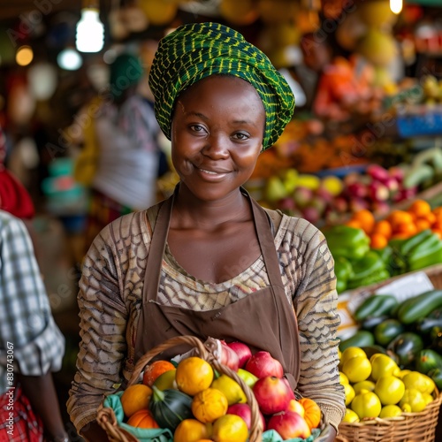 Market Vendor Smiling with a Basket of Fresh Produce