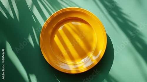 Top view of empty yellow plate on a green surface with leaf shadows in daylight. photo