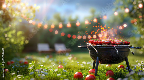 A barbecue grill with flames and food cooking on a green grassy lawn with string lights in the background. photo