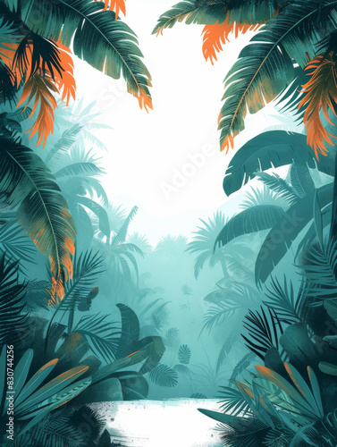 A lush tropical jungle with vibrant green foliage and a path leading into the dense undergrowth