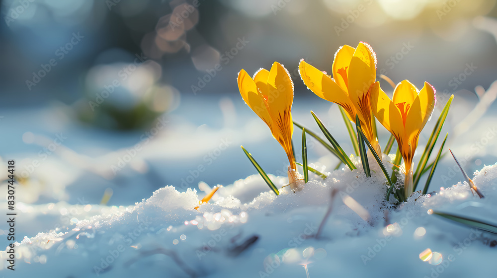 The first spring flowers yellow crocuses on the snow in nature in the rays of sunlight close-up macro. Generated AI. 