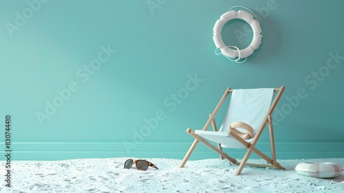 青いパステルの壁にビーチチェアと浮き輪とサンブラス