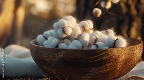 Fresh cotton bolls in wooden bowl on burlap cloth in sunlit rustic setting.