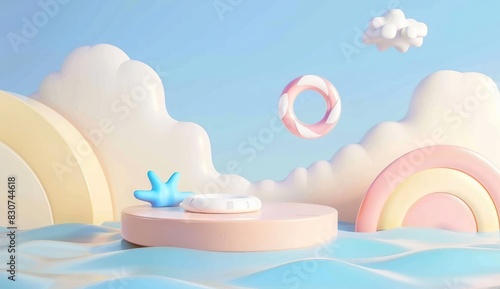 Background podium baby cute product 3d cloud kid children display banner room toy design blue. Podium scene boy background rainbow baby stand studio presentation shower template sale stage poster sky