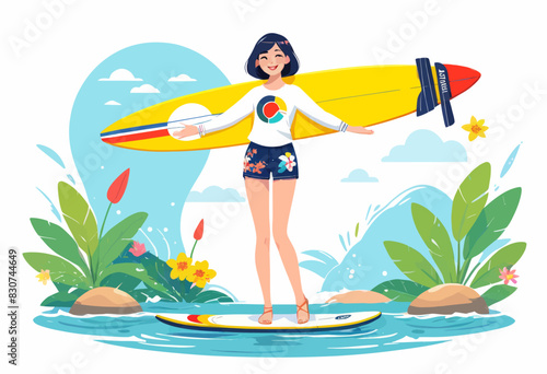 a woman standing on a surfboard holding a surfboard © Thuan