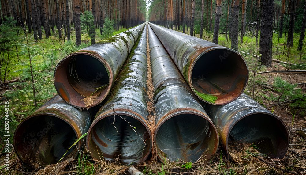 Pipes, sewage. Aluminum. Pipes on the background of the forest.steel long pipes Pipes, sewage. Aluminum. Pipes on the background of the forest.steel long pipes