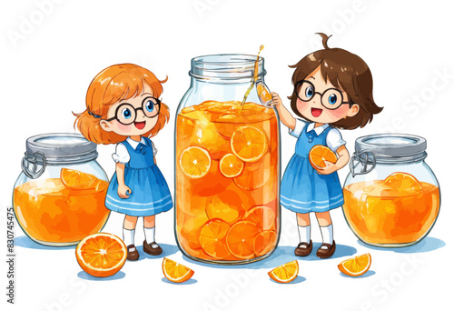 a girl and a boy standing in front of a jar of oranges