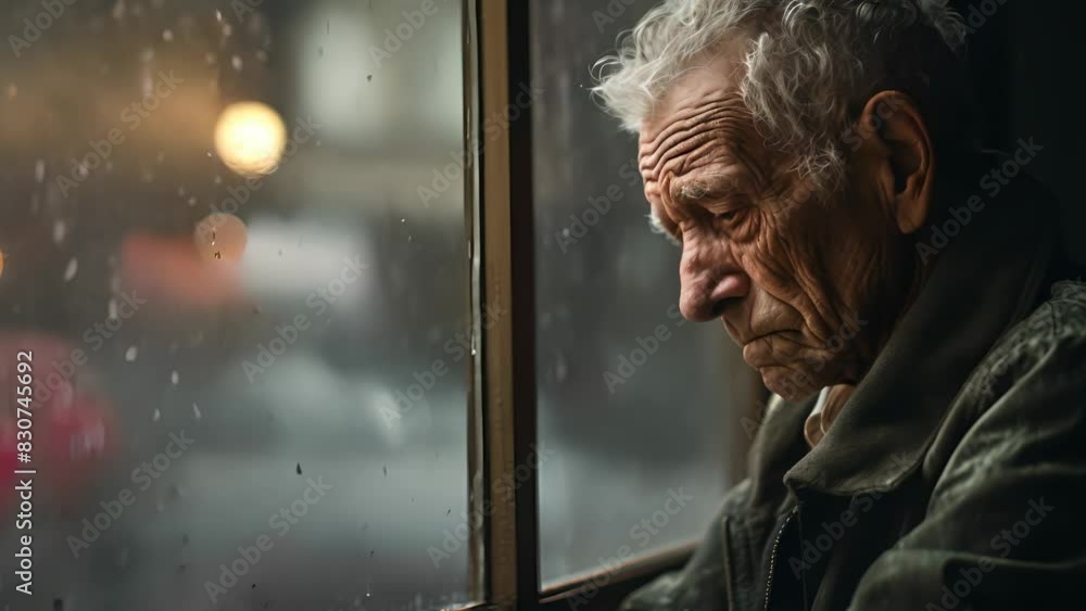 Raindrop Melancholy: Lonely Senior by Window Raindrop Melancholy: Lonely Senior by Window