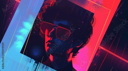 Wallpaper Mural A contemporary illustration of an LGBTQ polaroid, same face on the screen, 2D flat design. The polaroid is in the center, illuminated by dramatic lighting with split toning, dark color palette. Torontodigital.ca