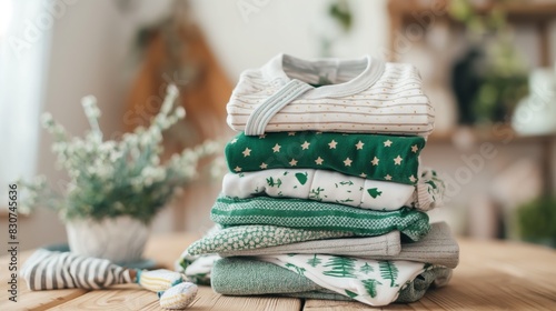 Neatly folded baby clothes stacked on wooden table in cozy nursery. photo