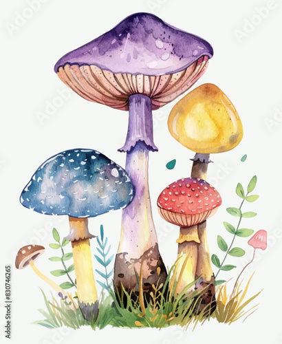 Watercolor bald mushrooms on an isolated background. Fabulous multi-colored mushrooms, amanita, boletus and others. Vector illustration.