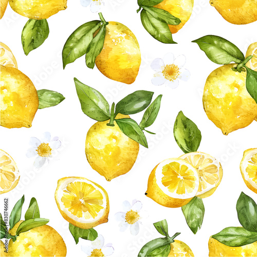 Watercolor pattern with flowers and lemon fruits. Lemon pattern. Vector illustration.