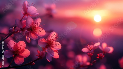 Beautiful pink cherry blossoms in the spring on a branch with a blurred purple and red sunset background Spring floral nature concept Blurred background Simple background High reso photo