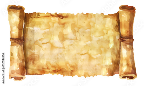 Watercolor open parchment scroll isolated on transparent background. Vector illustration of old paper roll, ancient papyrus treasure map, antique blank manuscript template, vintage document sheet