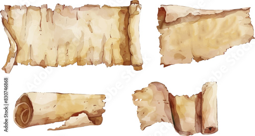 Watercolor ancient paper png. Papyrus scroll set, parchment paper with old texture, vector banner isolated on transparent background. Vector illustration