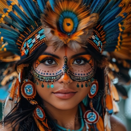 stunning indigenous woman from the Amazon adorned with ceremonial face paint and feathered headdresses 