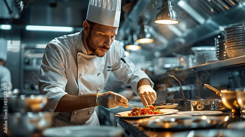 Chef in a Professional Kitchen Preparing Dishes photo