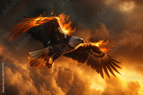 A large eagle is flying through a fiery sky. Concept of power and freedom, as the eagle soars above the flames. The contrast between the eagle and the fire creates a dramatic and captivating scene