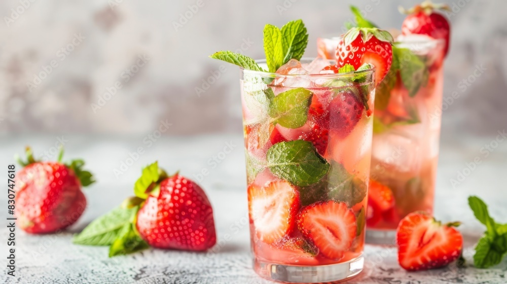 Refreshing Strawberry Mint Iced Drink on Light Background
