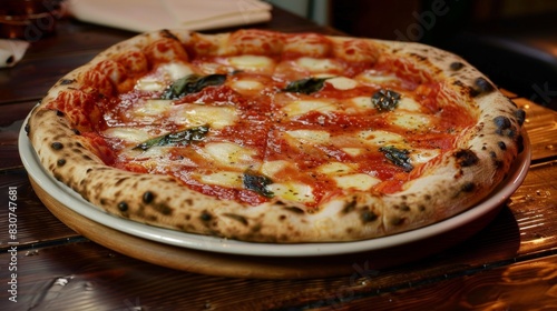 Freshly Baked Margherita Pizza on Wooden Table in Restaurant