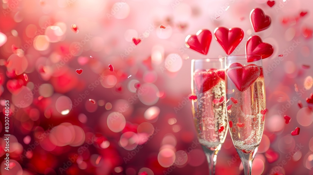 Champagne glasses filled with sparkling wine amidst a romantic backdrop of floating red hearts and soft bokeh lights set the mood for a celebration of love. Generative Ai Champagne glasses filled with sparkling wine amidst a romantic backdrop of floating red hearts and soft bokeh lights set the mood for a celebration of love. Generative Ai