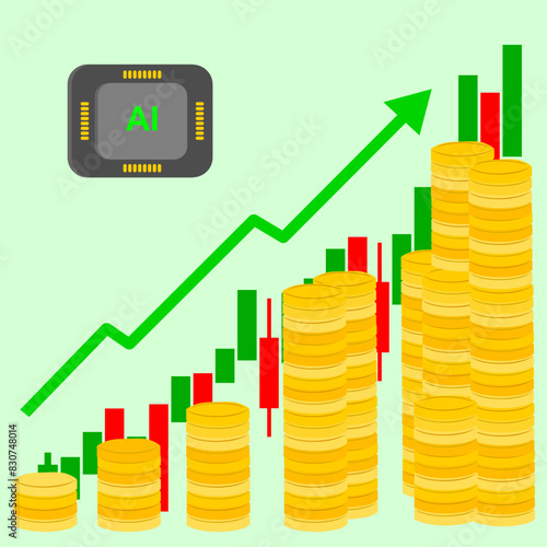 Vector illustration Shows a graph with an upward trend. Shows the rapid growth of stocks in the AI technology group, consisting of AI chip icons and gold coins and graphs and arrows showing growth.