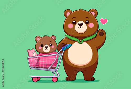 a brown bear standing next to a baby in a shopping cart