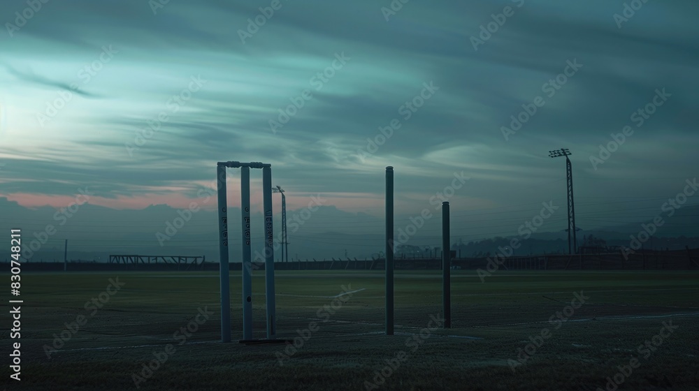 A cricket field at dusk, the wickets standing tall against the darkening sky, awaits the sound of leather on willow.