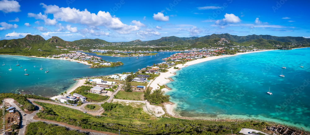 Panoramic aerial view of the beautiful Jolly Harbour Marina and Beach at the Caribbean island of Antigua and Barbuda