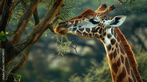 A curious giraffe reaching up to nibble on the leaves of a tall acacia tree  its long neck and spotted fur a testament to the beauty of the African savanna.