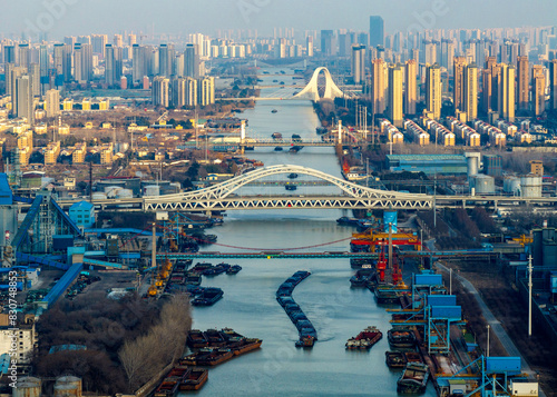Aerial photography of busy transportation operations along the Beijing-Hangzhou Grand Canal in Huai 'an City, Jiangsu Province. This year marks the 10th anniversary of the successful application of th