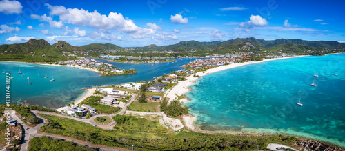 Obraz na płótnie Panoramic aerial view of the beautiful Jolly Harbour Marina and Beach at the Caribbean island of Antigua and Barbuda w salonie