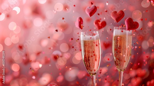 Champagne glasses filled with sparkling wine amidst a romantic backdrop of floating red hearts and soft bokeh lights set the mood for a celebration of love. Generative Ai