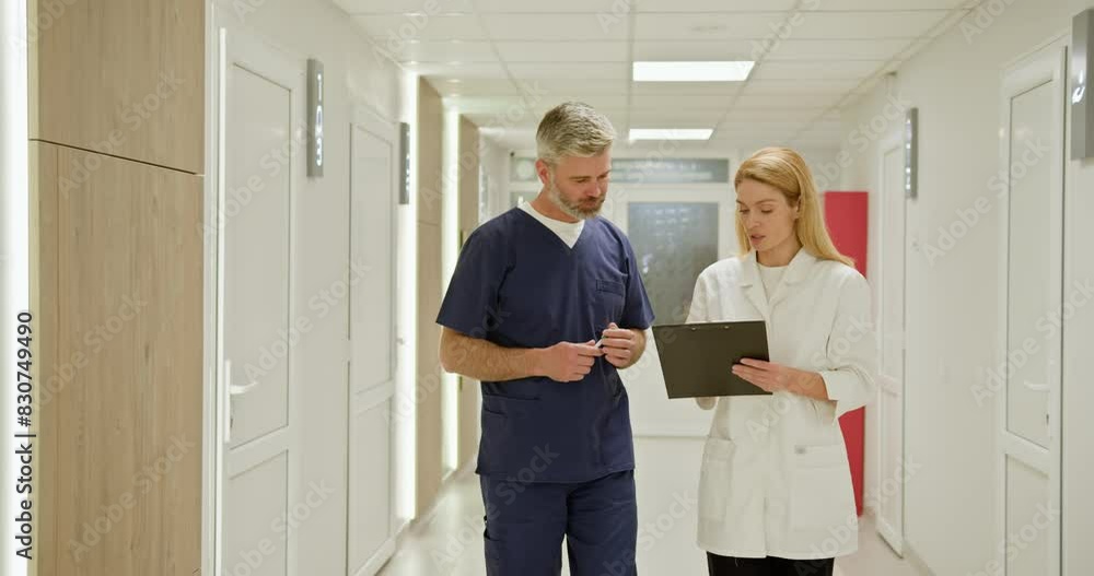 Two doctors in a hospital corridor reviewing patient information on a clipboard, demonstrating professional healthcare teamwork and communication. Doctor and nurse briefing medical report. Two doctors in a hospital corridor reviewing patient information on a clipboard, demonstrating professional healthcare teamwork and communication. Doctor and nurse briefing medical report.