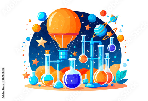 an illustration of a science lab with a hot air balloon