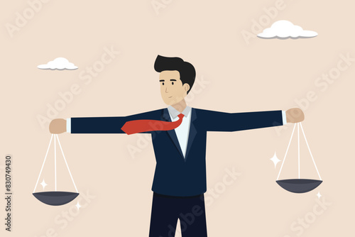 Comparison advantage and disadvantage, honest truth, pros and cons or measurement, judge or ethical, decision concept, businessman comparing scale to be equal and fair.