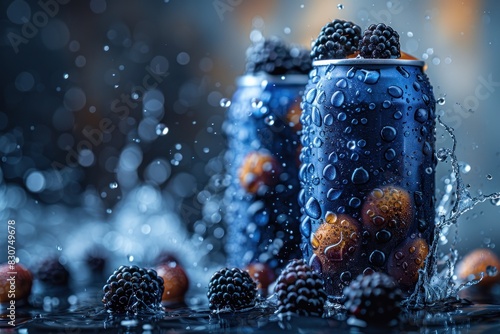 Aluminum can with condensation surrounded by floating berries and water droplets. Berry-flavored sparkling water photo