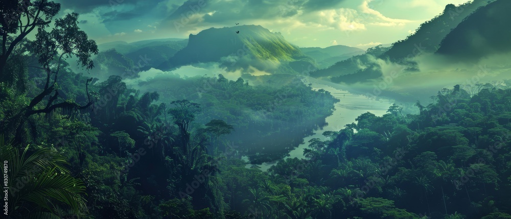 Fototapeta premium As twilight descends, an emerald jungle unfurls along a winding river, with mist clinging to the mountainous backdrop, creating a layered tapestry of nature's serenity.