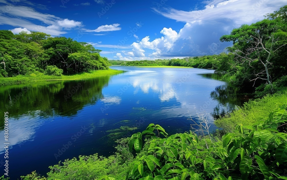 A vibrant blue lake nestles in a lush forest ecosystem, its clear waters mirroring the sky and clouds above. The purity of the scene speaks to the untouched nature of the environment.