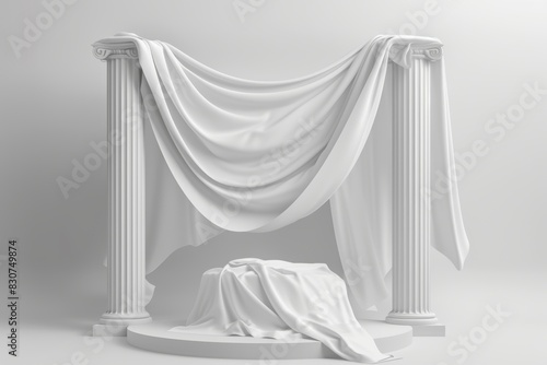 A white curtain draped over a pedestal with two pillars photo