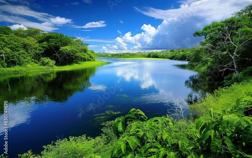 A vibrant blue lake nestles in a lush forest ecosystem  its clear waters mirroring the sky and clouds above. The purity of the scene speaks to the untouched nature of the environment.