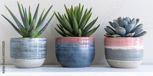 Three Decorative Plant Pots on a Shelf