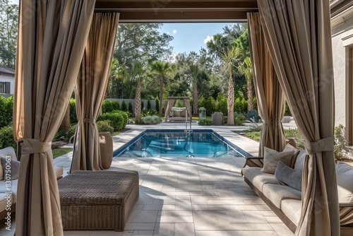 Luxurious Cabana by the Pool: Elegant cabana with plush seating, curtains, and a view of the pool.