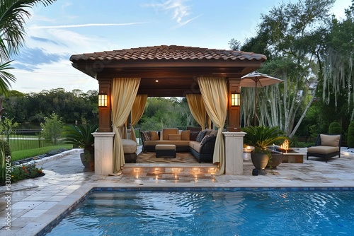 Luxurious Cabana by the Pool: Elegant cabana with plush seating, curtains, and a view of the pool.
