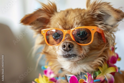 Adorable Small Dog with Hula Glasses and Flower Lei © GestureShot