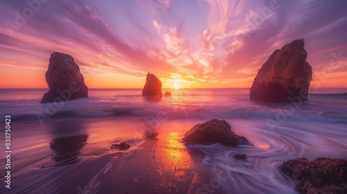 A beautiful sunset over the ocean  with a rocky shoreline in the background