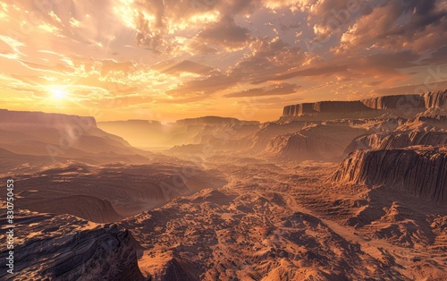 The sun dips below the horizon  casting a golden glow over grand canyons and rugged desert terrain. The vastness and grandeur of the scene are highlighted by the dramatic sky above.