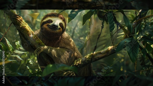 A curious sloth slowly making its way through the branches of a lush  green rainforest  its distinctive fur and gentle demeanor capturing the essence of this unique and fascinating creature.